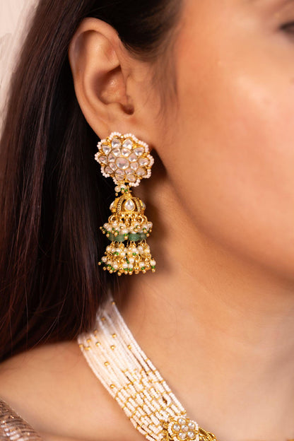 Green Kundan Choker Necklace Set with Pearl Strands, Indian Wedding Jewelry, Statement Choker with Jhumka Earrings, Gold Bridal Set