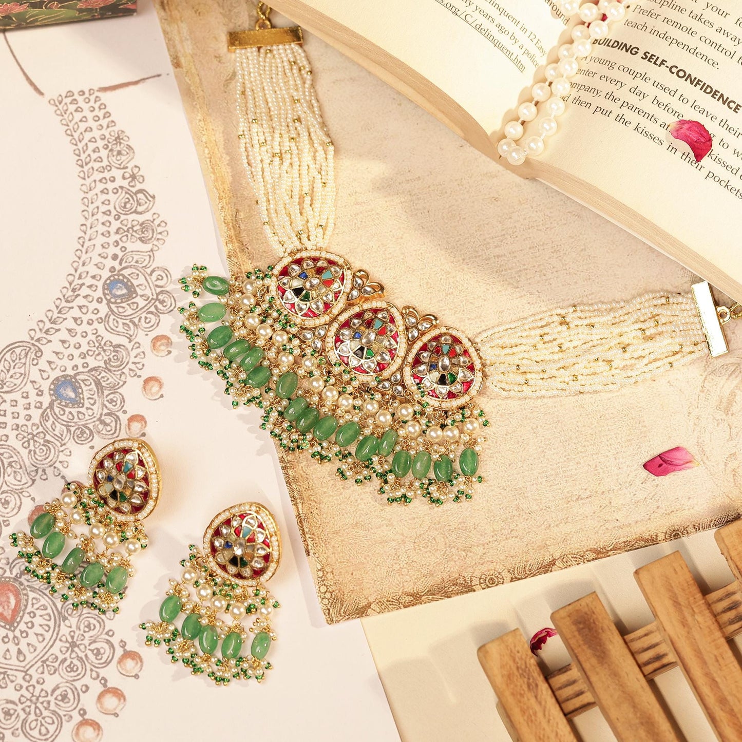Elegant Pearl Beaded Choker Necklace Set  Gold Plated Ethnic Bridal Jewelry Gift for her