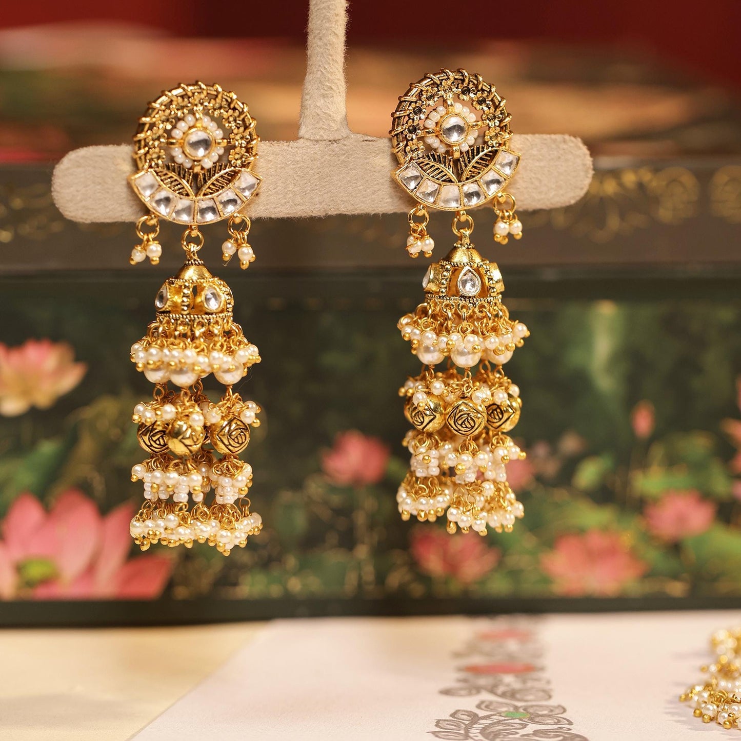 Gold Kundan Bridal Necklace Set with Pearl Jhumka Earrings, Traditional Indian Wedding Jewelry, Statement Choker Set