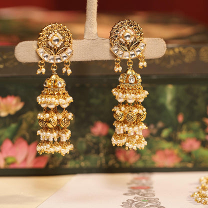 Gold Kundan Bridal Necklace Set with Pearl Jhumka Earrings, Traditional Indian Wedding Jewelry, Statement Choker Set