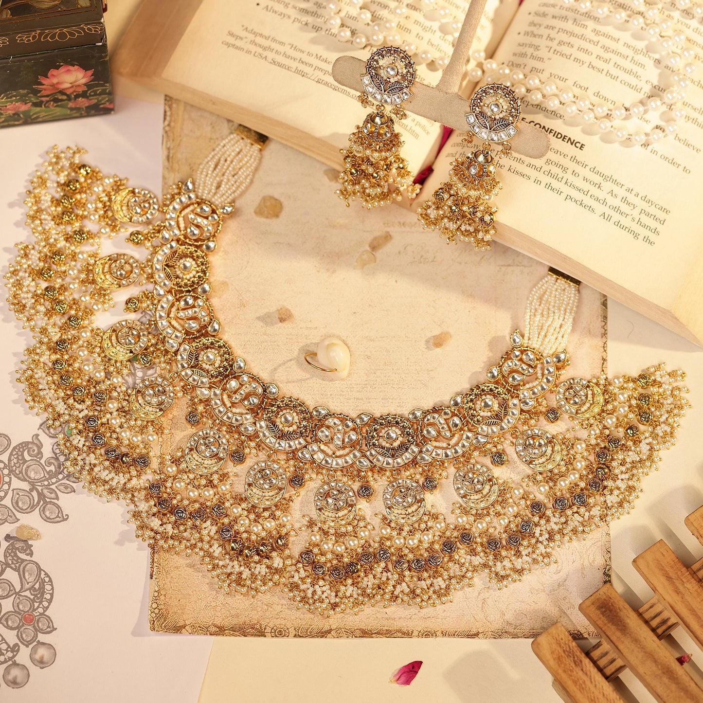 Gold Kundan Bridal Necklace Set with Pearl Jhumka Earrings, Traditional Indian Wedding Jewelry, Statement Choker Set