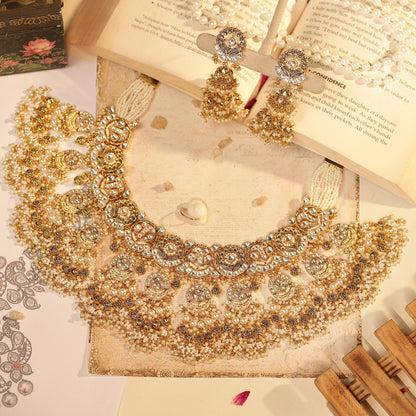 Gold Kundan Bridal Necklace Set with Pearl Jhumka Earrings, Traditional Indian Wedding Jewelry, Statement Choker Set