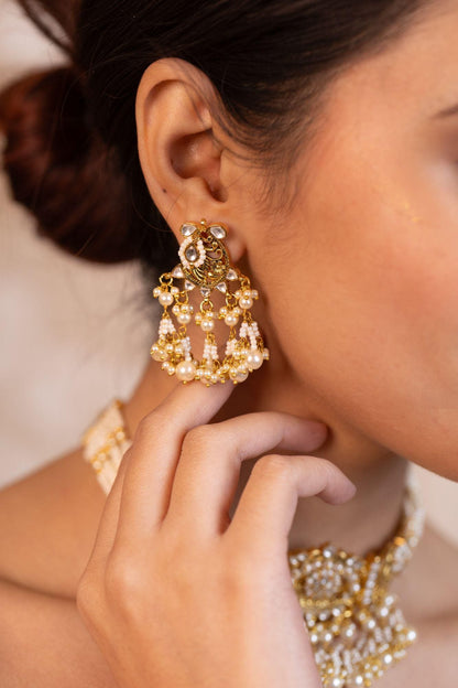 Pearl Kundan Choker Necklace Set with Earrings, Indian Bridal Jewelry, White Stone Choker, Traditional Wedding Jewelry, Gold Necklace