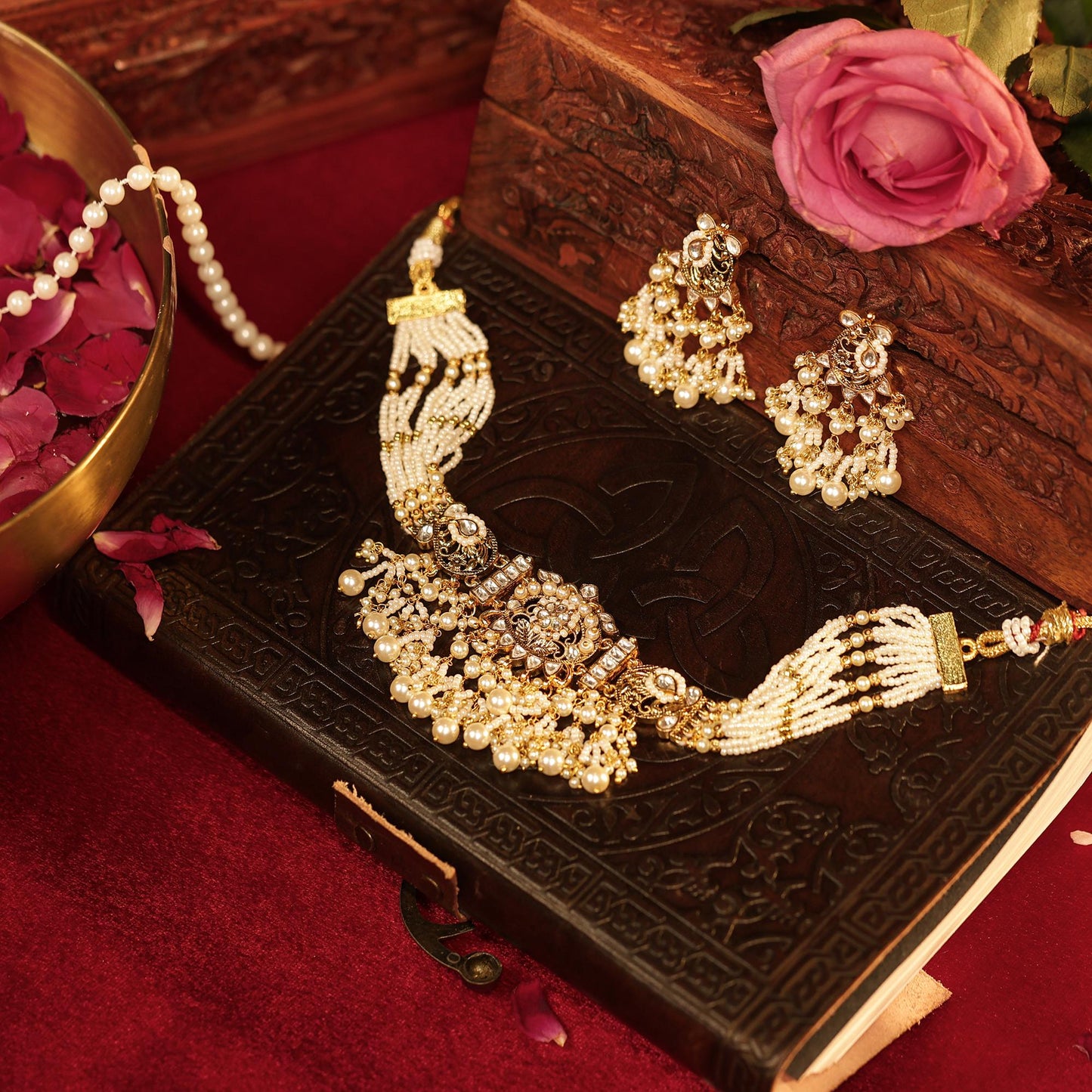 Pearl Kundan Choker Necklace Set with Earrings, Indian Bridal Jewelry, White Stone Choker, Traditional Wedding Jewelry, Gold Necklace