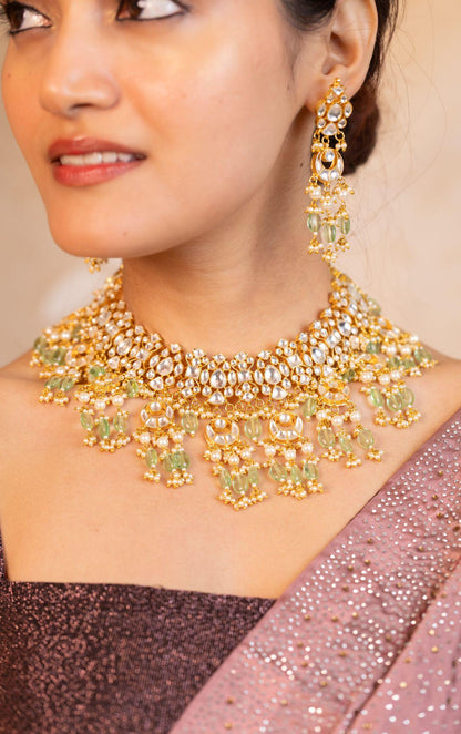 Kundan Bridal Necklace Set, Mint Green Beads, Gold Pearl Choker, Indian Wedding Jewelry