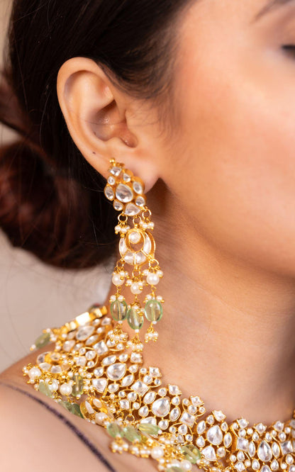 Kundan Bridal Necklace Set, Mint Green Beads, Gold Pearl Choker, Indian Wedding Jewelry