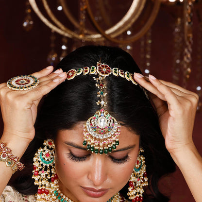 Handmade Kundan Pearl Matha Patti, Red Green Floral Bridal Headpiece, Boho Ethnic Jewelry