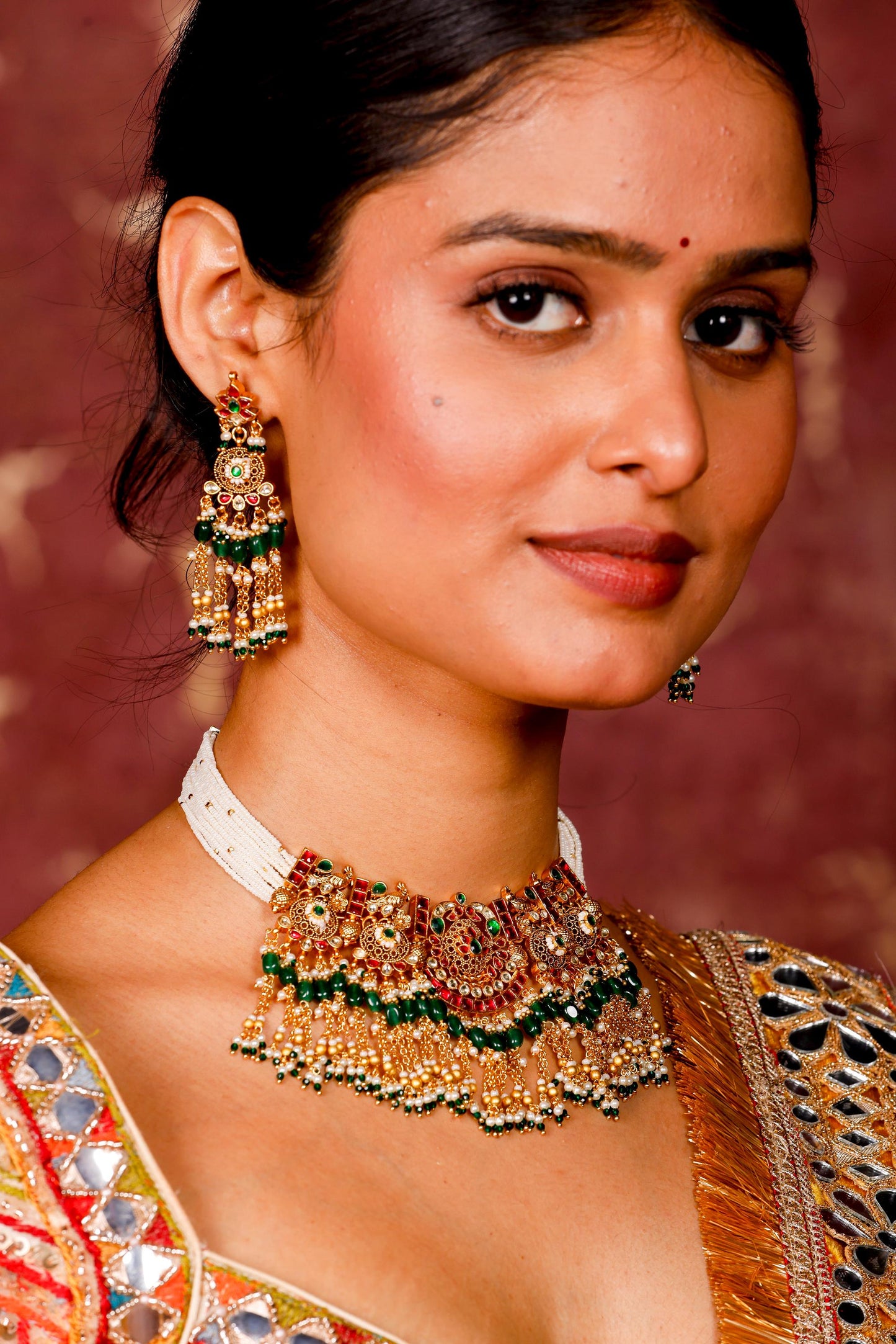 Kundan Pearl Choker Necklace Set with Green Beads  Gold Polki Bridal Jewelry Set with Earrings, Wedding Choker, Traditional Ethnic Jewelry