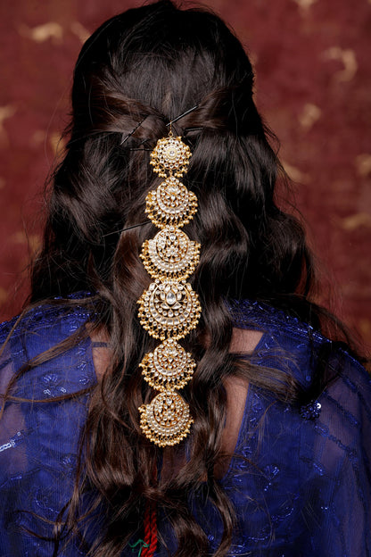 White Kundan Braid Jewelry, Gold Pearl Indian Wedding Hair Chain