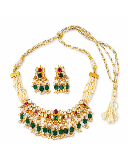 Kundan Pearl Choker Necklace Set, Green Ruby Bridal Jewelry, Indian Wedding Choker, Meenakari Necklace Set, Traditional Ethnic Jewelry
