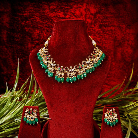 Kundan Choker Necklace Set, Green Beaded Bridal Jewelry, Pearl Meenakari Choker, Traditional Wedding Necklace, Ethnic Statement Jewelry