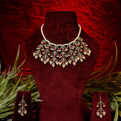Pearl Kundan Choker Necklace Set, Bridal Jewelry, Green Pink Meenakari Necklace, Traditional Wedding Jewelry, Ethnic Statement Necklace
