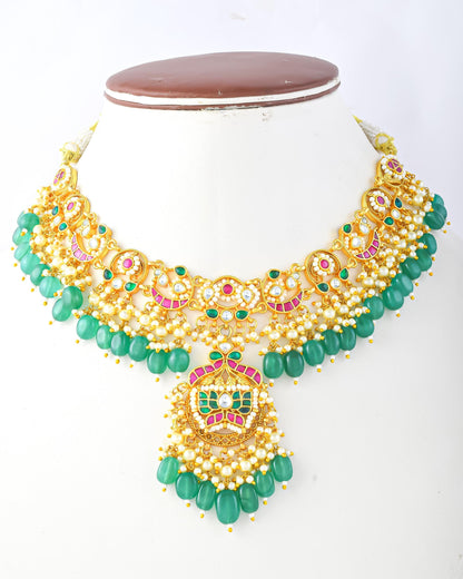 Green Bridal Choker Necklace Set, Indian Gold Tone Kundan Pearl Jewelry, Temple Wedding Necklace, Statement Ethnic Jewelry Set for Women