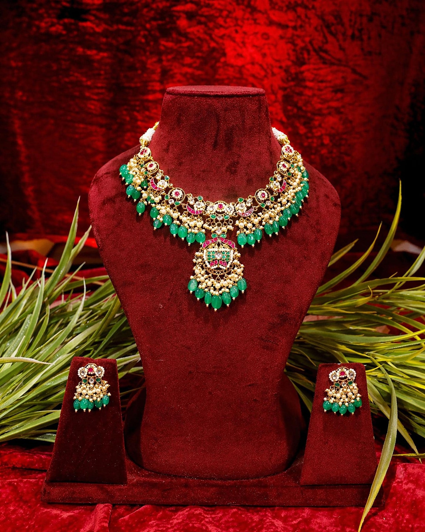 Green Bridal Choker Necklace Set, Indian Gold Tone Kundan Pearl Jewelry, Temple Wedding Necklace, Statement Ethnic Jewelry Set for Women