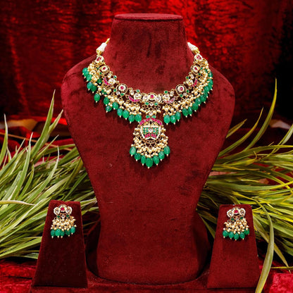 Green Bridal Choker Necklace Set, Indian Gold Tone Kundan Pearl Jewelry, Temple Wedding Necklace, Statement Ethnic Jewelry Set for Women