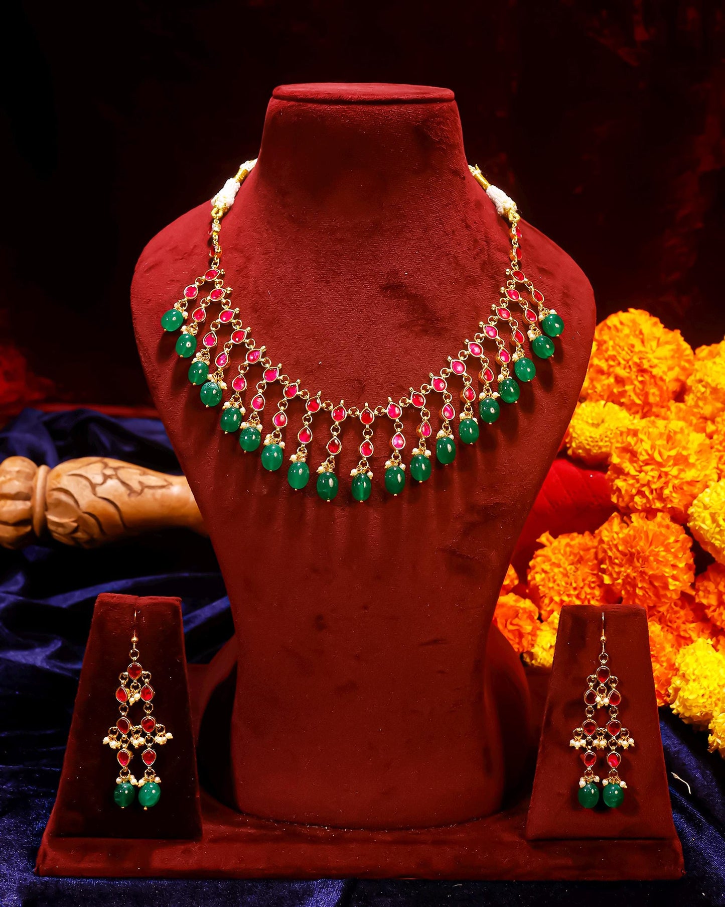 Bridal Choker Necklace Set, Green Bead Kundan Jewelry, Gold Tone Statement Necklace, Pink Stone Ethnic Jewelry, Wedding Jewelry Set