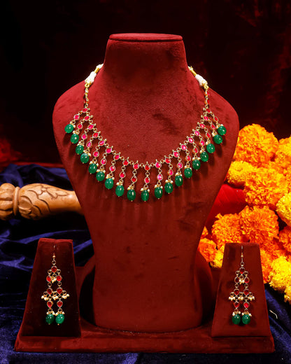 Bridal Choker Necklace Set, Green Bead Kundan Jewelry, Gold Tone Statement Necklace, Pink Stone Ethnic Jewelry, Wedding Jewelry Set