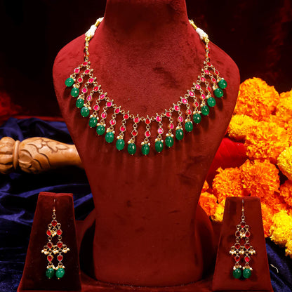 Bridal Choker Necklace Set, Green Bead Kundan Jewelry, Gold Tone Statement Necklace, Pink Stone Ethnic Jewelry, Wedding Jewelry Set
