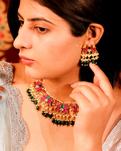 Kundan Choker Necklace Set, Green Beaded Bridal Jewelry, Pearl Meenakari Choker, Traditional Wedding Necklace, Ethnic Statement Jewelry