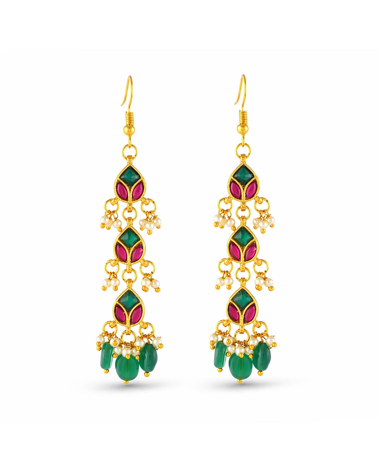 Handcrafted Kundan Raani Haar Set  Pearl Necklace with Green Bead Earrings, Traditional Indian Bridal Jewelry