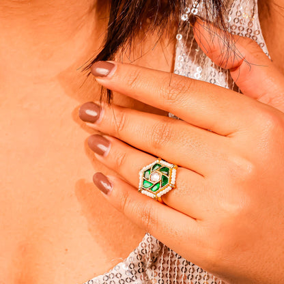 Handmade Green Kundan Pearl Statement Ring  Gold Plated Adjustable Jhumki Style Ethnic Jewelry Ring