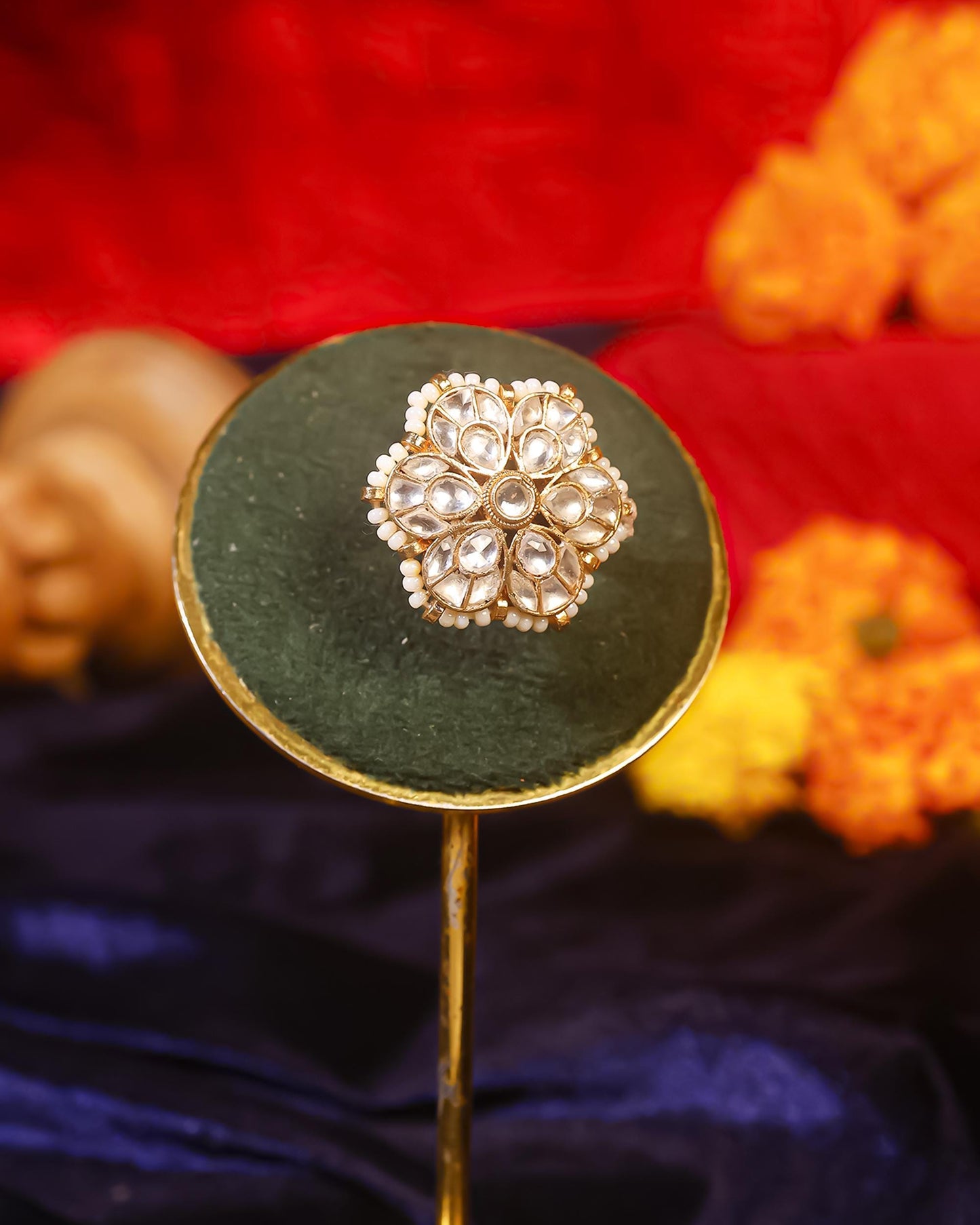 Adjustable Gold Kundan Pearl Bridal Ring  Traditional Indian Statement Jewelry for Wedding & Festive Wear