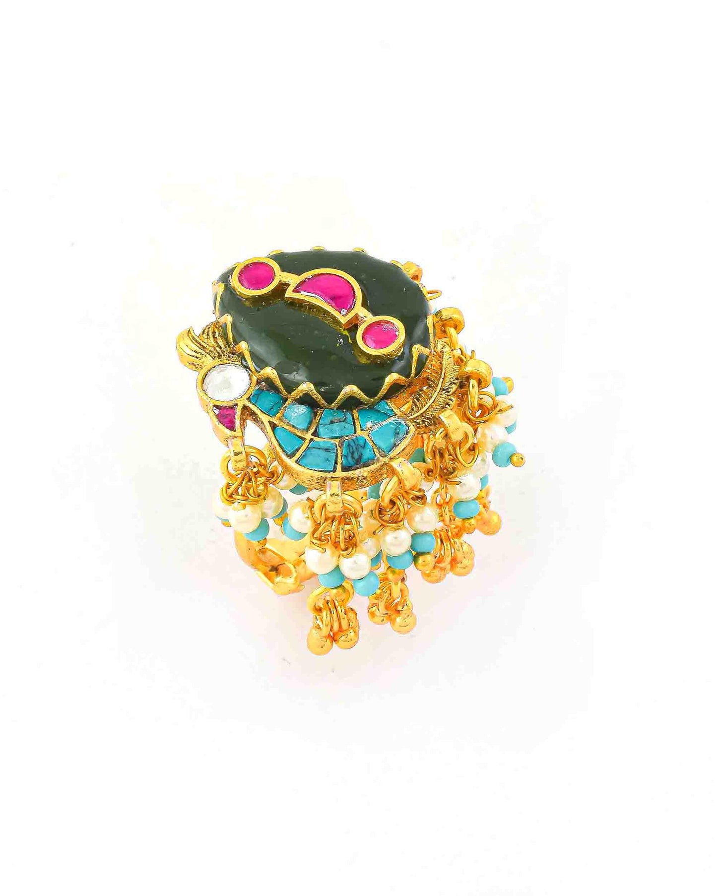 Green Meenakari Kundan Peacock Ring with Pearl Border, Antique Gold Adjustable Statement Ring Jewelry