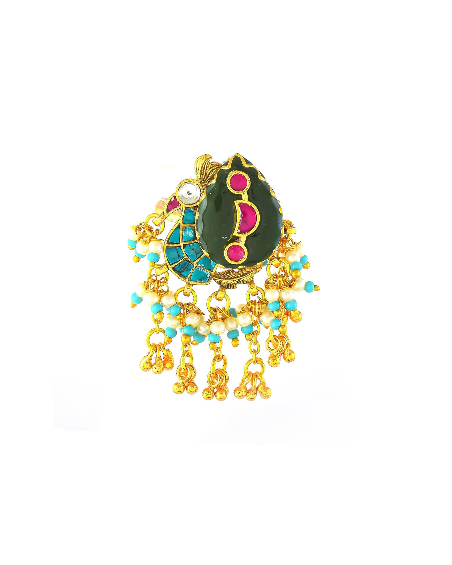 Green Meenakari Kundan Peacock Ring with Pearl Border, Antique Gold Adjustable Statement Ring Jewelry