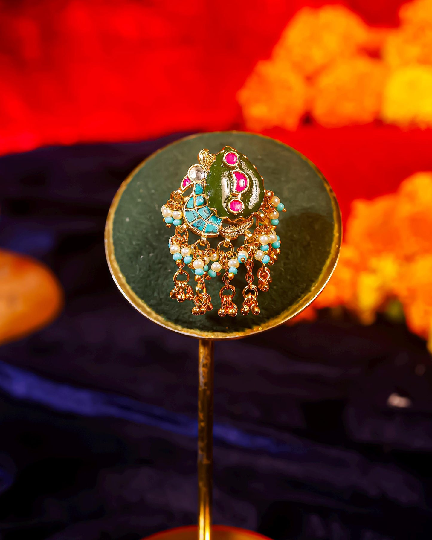 Green Meenakari Kundan Peacock Ring with Pearl Border, Antique Gold Adjustable Statement Ring Jewelry