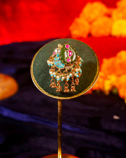 Green Meenakari Kundan Peacock Ring with Pearl Border, Antique Gold Adjustable Statement Ring Jewelry