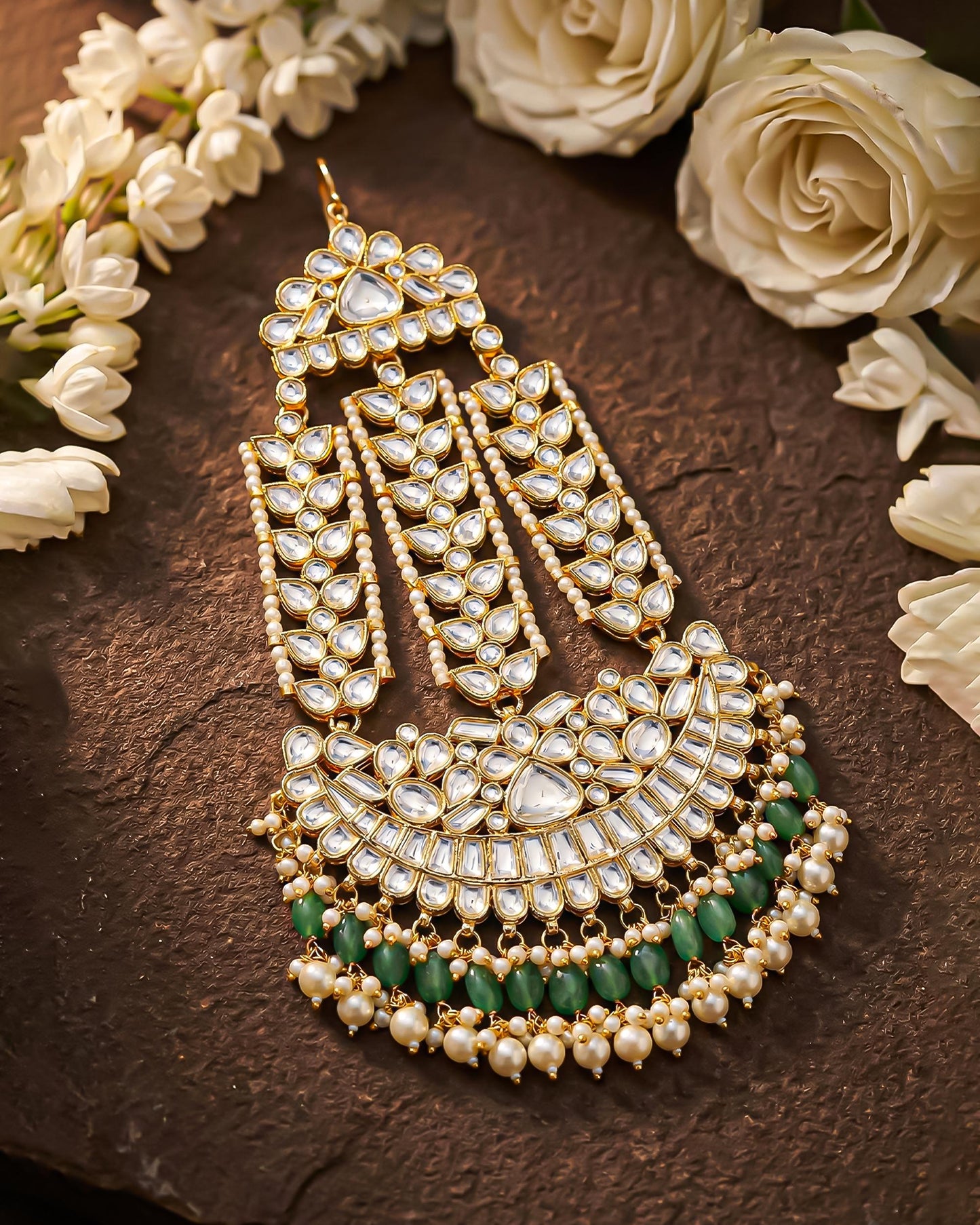 Handmade White Polki Bridal Pasa Jhoomar Jewelry with Green Bead Side Headpiece, Mughal Kundan Pearl Head Accessory for Traditional Weddings
