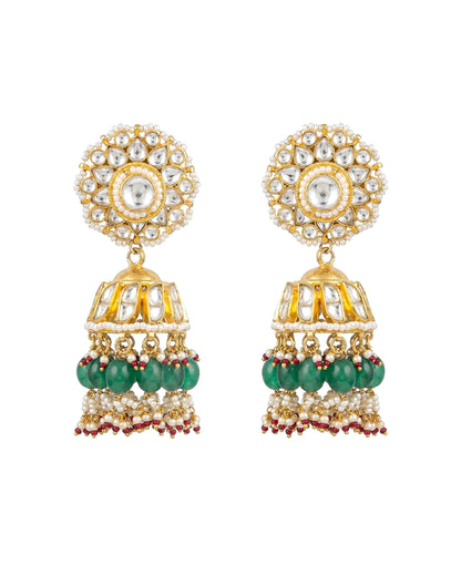 Jadau Jhumka Earrings with Polki Stones, Green Beads, Pearl Detailing, Traditional Indian Bridal Ethnic Jewelry