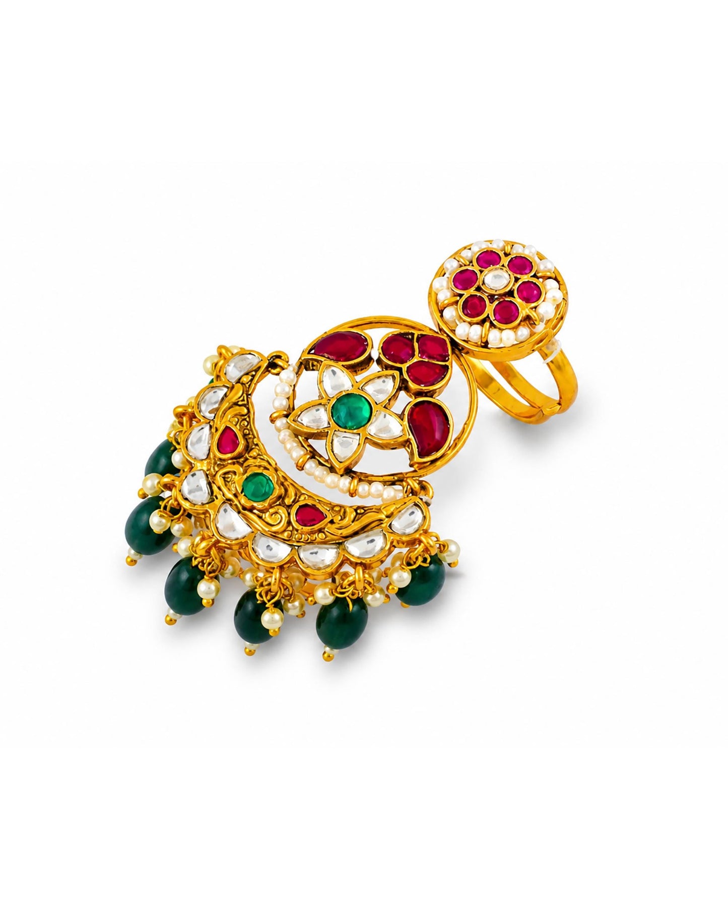Kundan Adjustable Ring, Traditional Indian Statement Ring, Gold Plated Ethnic Pearl Beaded Cocktail Ring