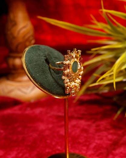 Traditional Kundan Adjustable Ring, Indian Bridal Statement Ring, Gold Plated Pearl Ethnic Cocktail Jewelry, Handmade Festive Ring