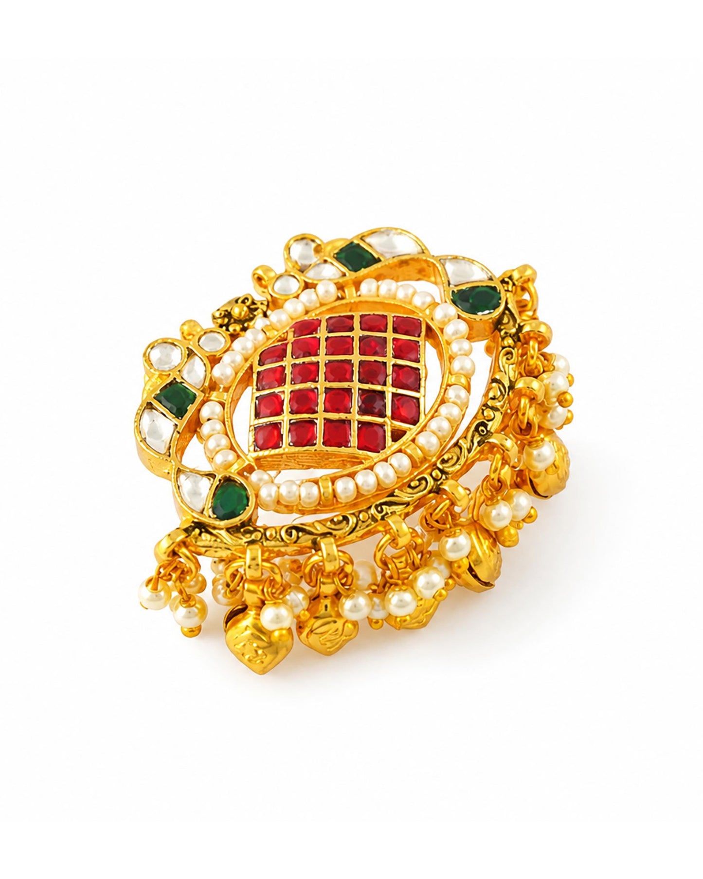 Handcrafted Kundan Statement Ring, Gold Plated Pearls, Green Ruby Pink Ethnic Jewelry