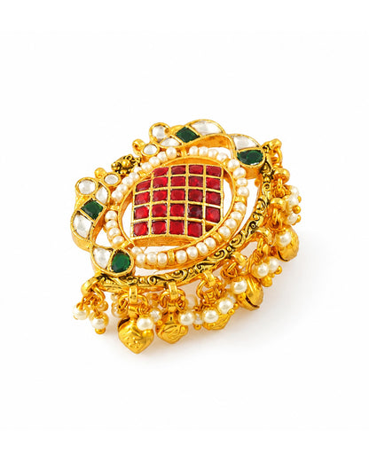 Handcrafted Kundan Statement Ring, Gold Plated Pearls, Green Ruby Pink Ethnic Jewelry
