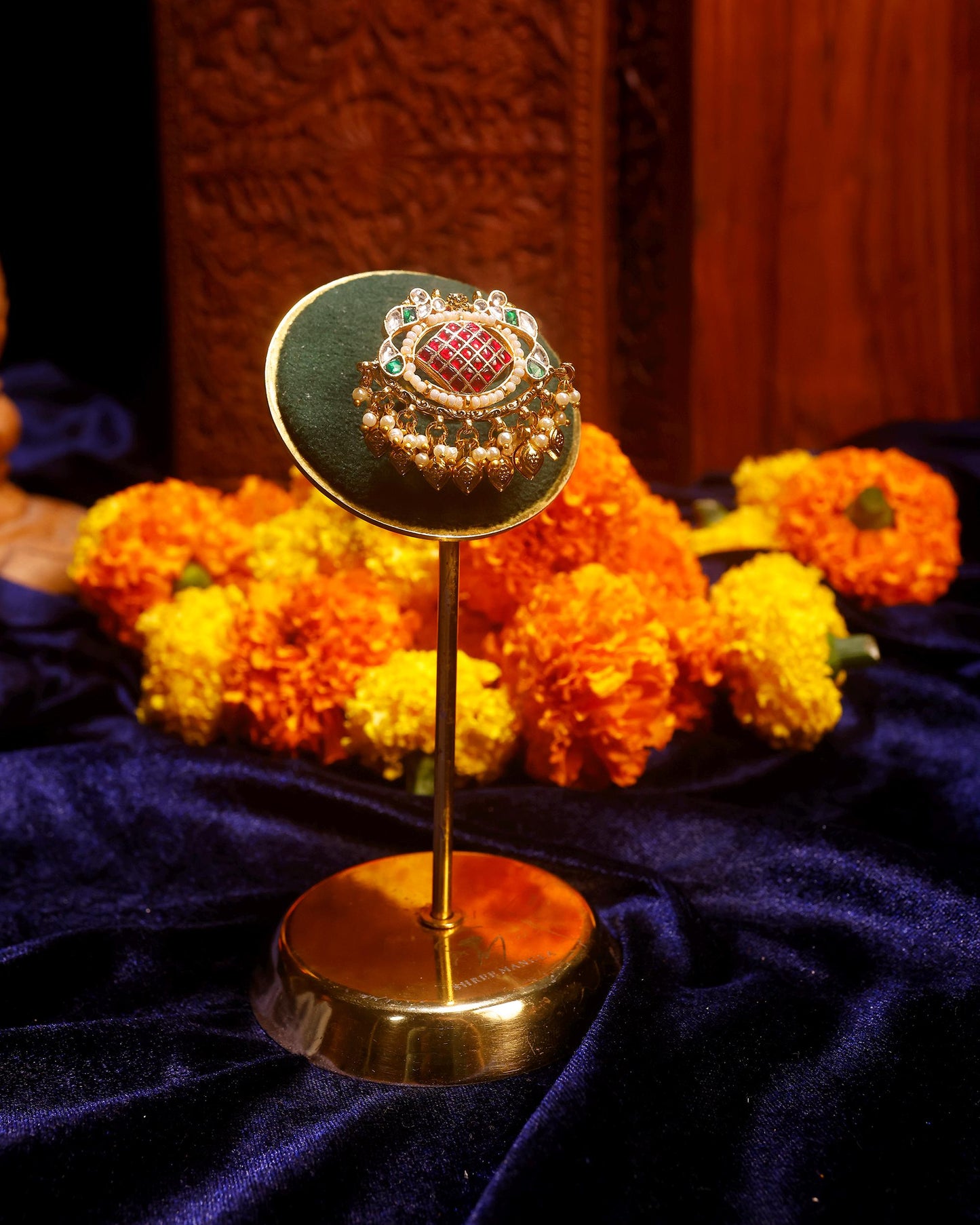 Handcrafted Kundan Statement Ring, Gold Plated Pearls, Green Ruby Pink Ethnic Jewelry