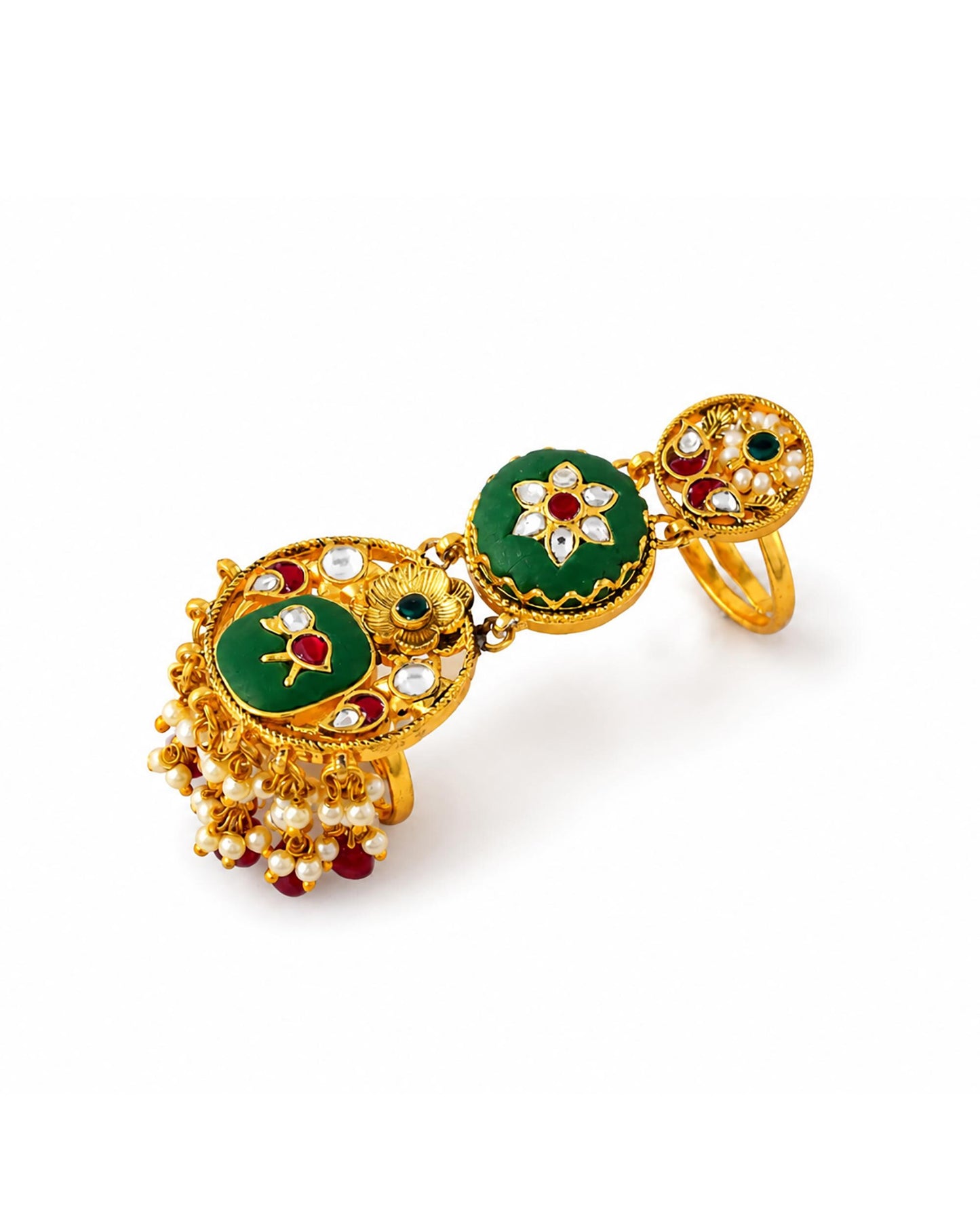 Handmade Gold Plated Kundan Pearl Meenakari Statement Ring, Pink Green Ethnic Bridal Jewelry