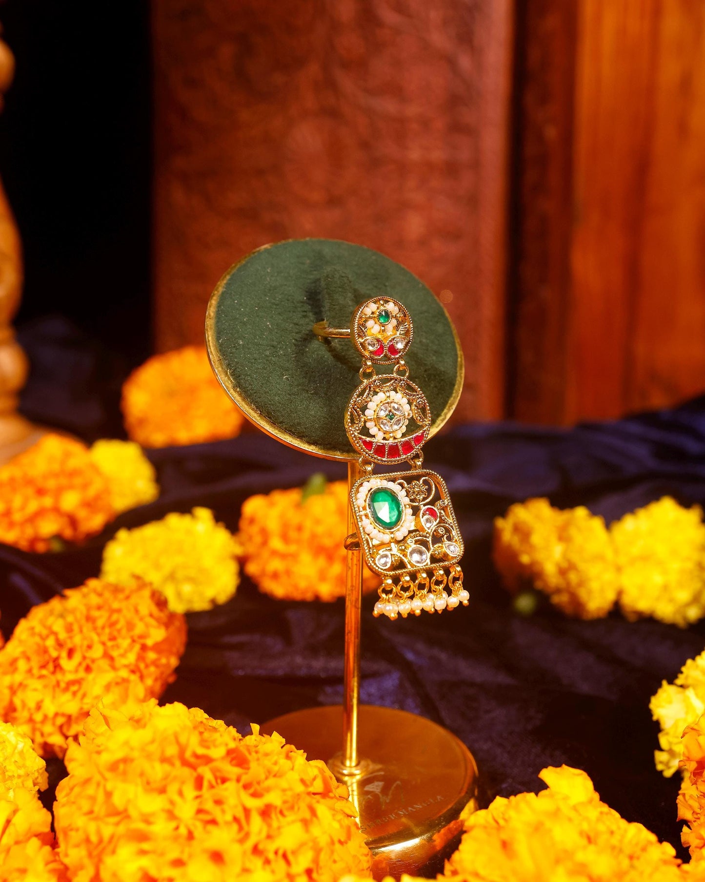 Red Meenakari Kundan Ring with Pearl Border, Antique Gold Adjustable Statement Ring Jewelry