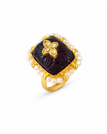 Handmade Carving Stone Kundan Pearl Statement Ring  Gold Plated Adjustable Jhumki Style Ethnic Jewelry Ring