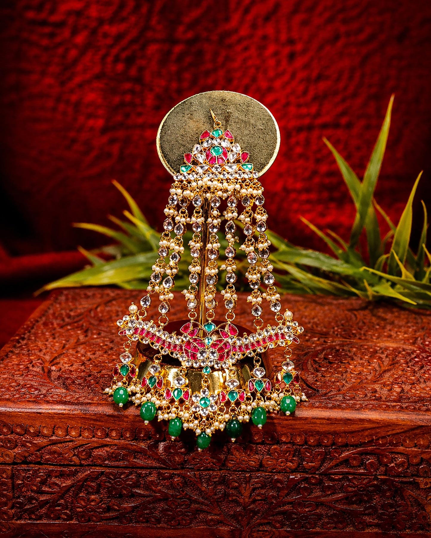 Layered Kundan Passa Headpiece, Gold-Plated Bridal Jhoomar, Mughal Ethnic Jewelry