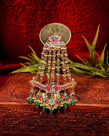 Layered Kundan Passa Headpiece, Gold-Plated Bridal Jhoomar, Mughal Ethnic Jewelry