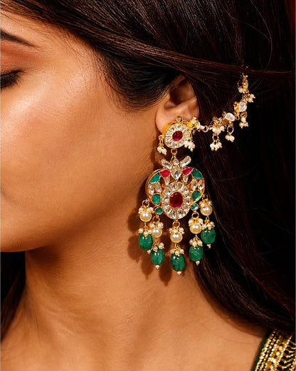Kundan Chand Bali Maang Tikka Earrings Set, Indian Bridal Jewelry, Green Red Stones