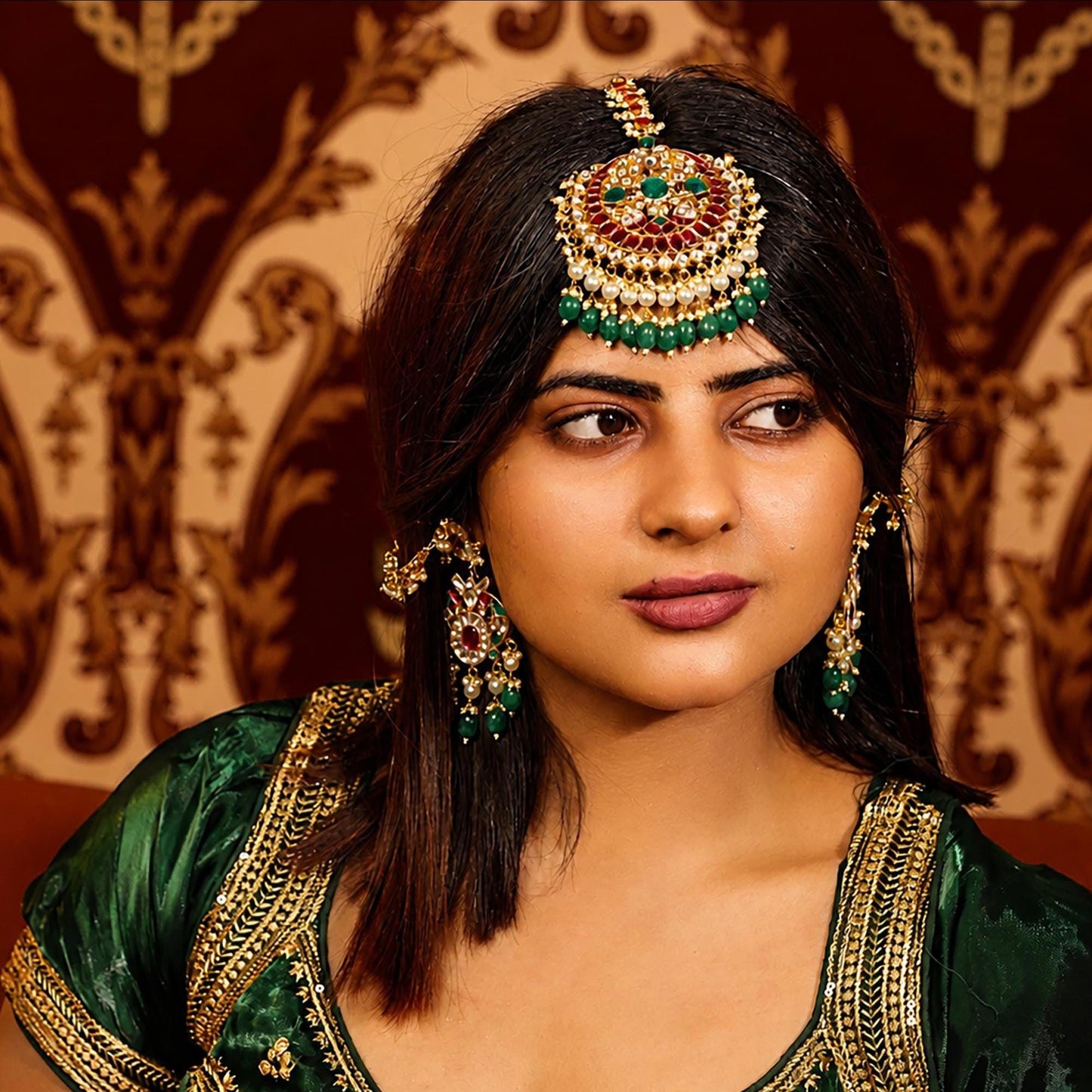 Kundan Chand Bali Maang Tikka Earrings Set, Indian Bridal Jewelry, Green Red Stones