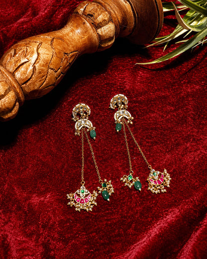 Traditional Kundan Chandbali Earrings, Gold Plated Pearl Drop Earrings, Indian Bridal Jewelry, Green Stone Ethnic Handmade Earring
