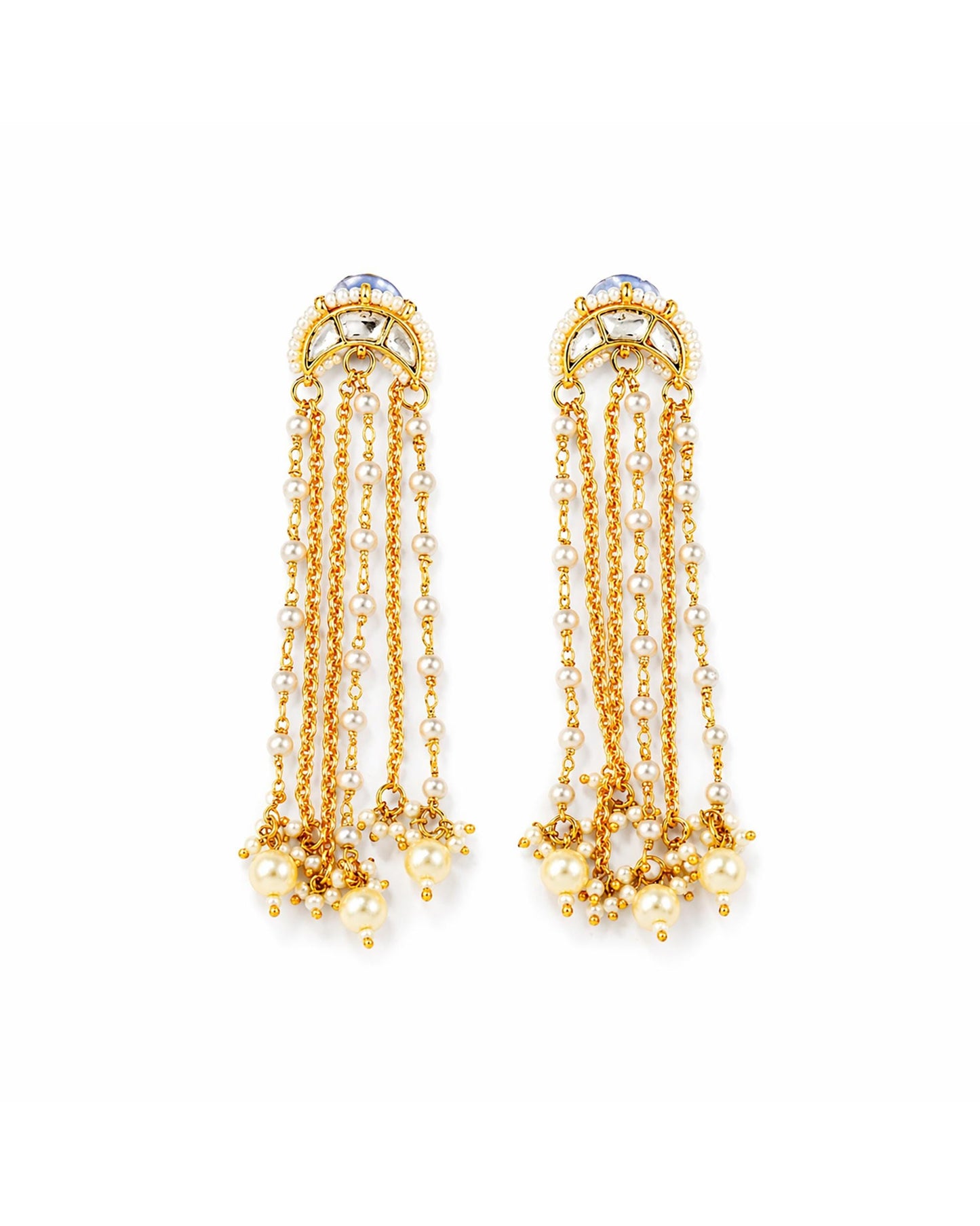 Long Pearl Tassel Earrings for Women, Gold Plated Kundan Dangler Earrings, Indian Bridal Earrings, Handmade Statement Ethnic Jewelry