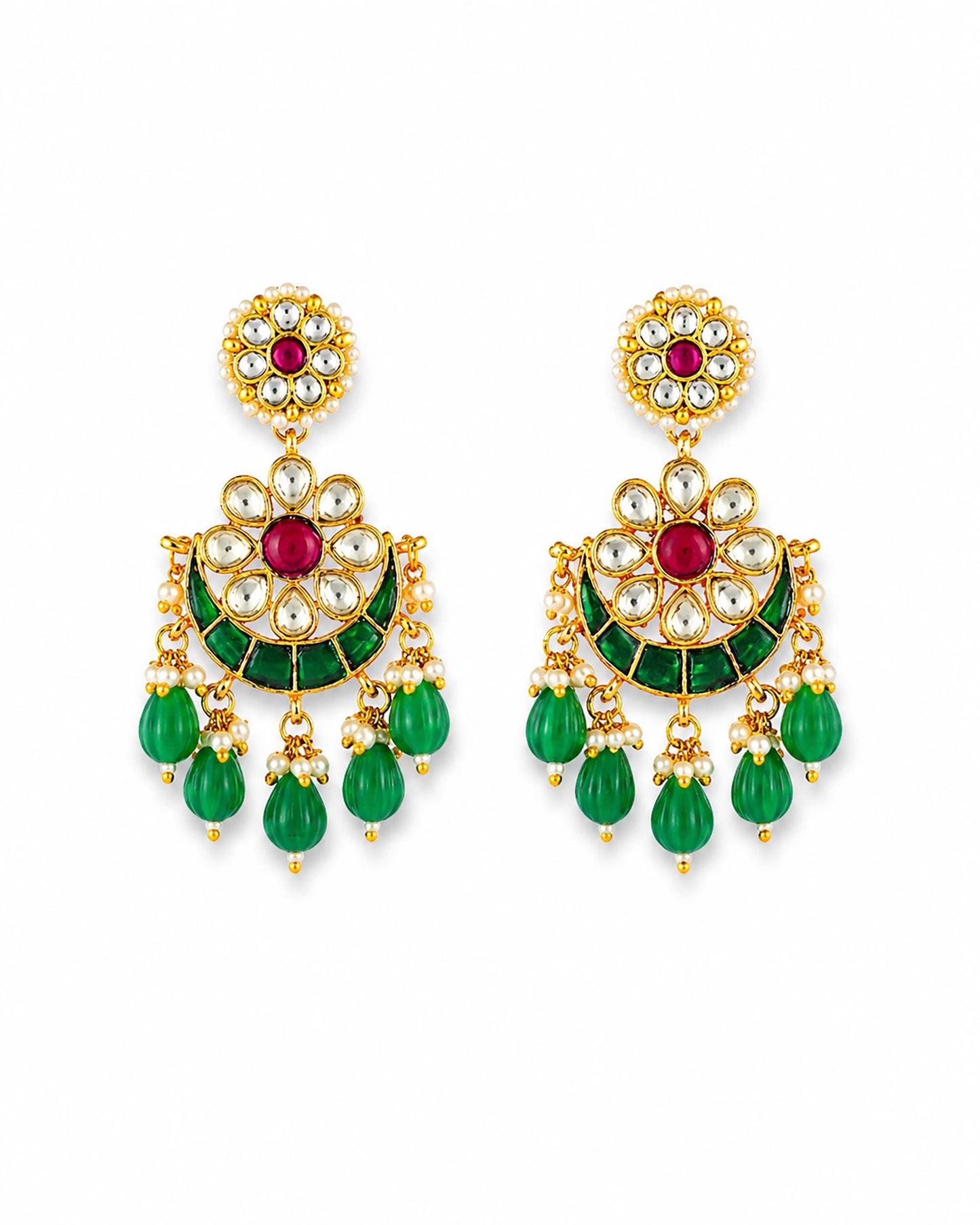 Gold Plated Chandbali Earrings, Polki Pearl & Green Drop Earrings, Indian Bridal Jewelry, Ethnic Statement Earrings, Handmade Kundan Jewelry
