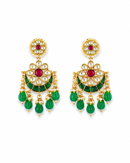 Gold Plated Chandbali Earrings, Polki Pearl & Green Drop Earrings, Indian Bridal Jewelry, Ethnic Statement Earrings, Handmade Kundan Jewelry