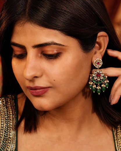 Gold Plated Chandbali Earrings, Polki Pearl & Green Drop Earrings, Indian Bridal Jewelry, Ethnic Statement Earrings, Handmade Kundan Jewelry