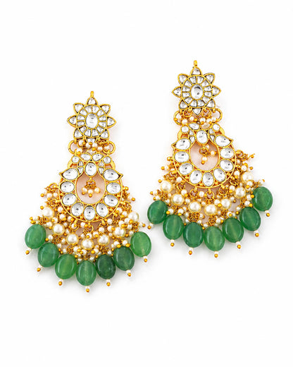 Handmade Jadau Chandbali Earrings, Gold Plated Polki Earrings, Green Bead Bridal Jewelry, Indian Ethnic Statement Earrings